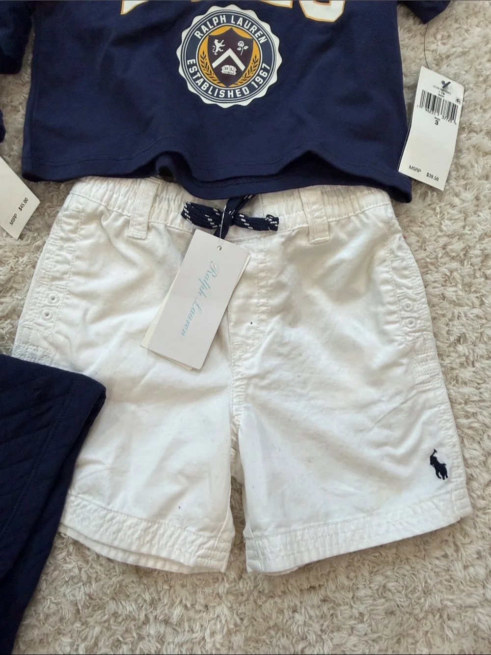 Ralph Lauren Navy Kids Polo & Graphic Tee Set with White Shorts LOT 2T/3T